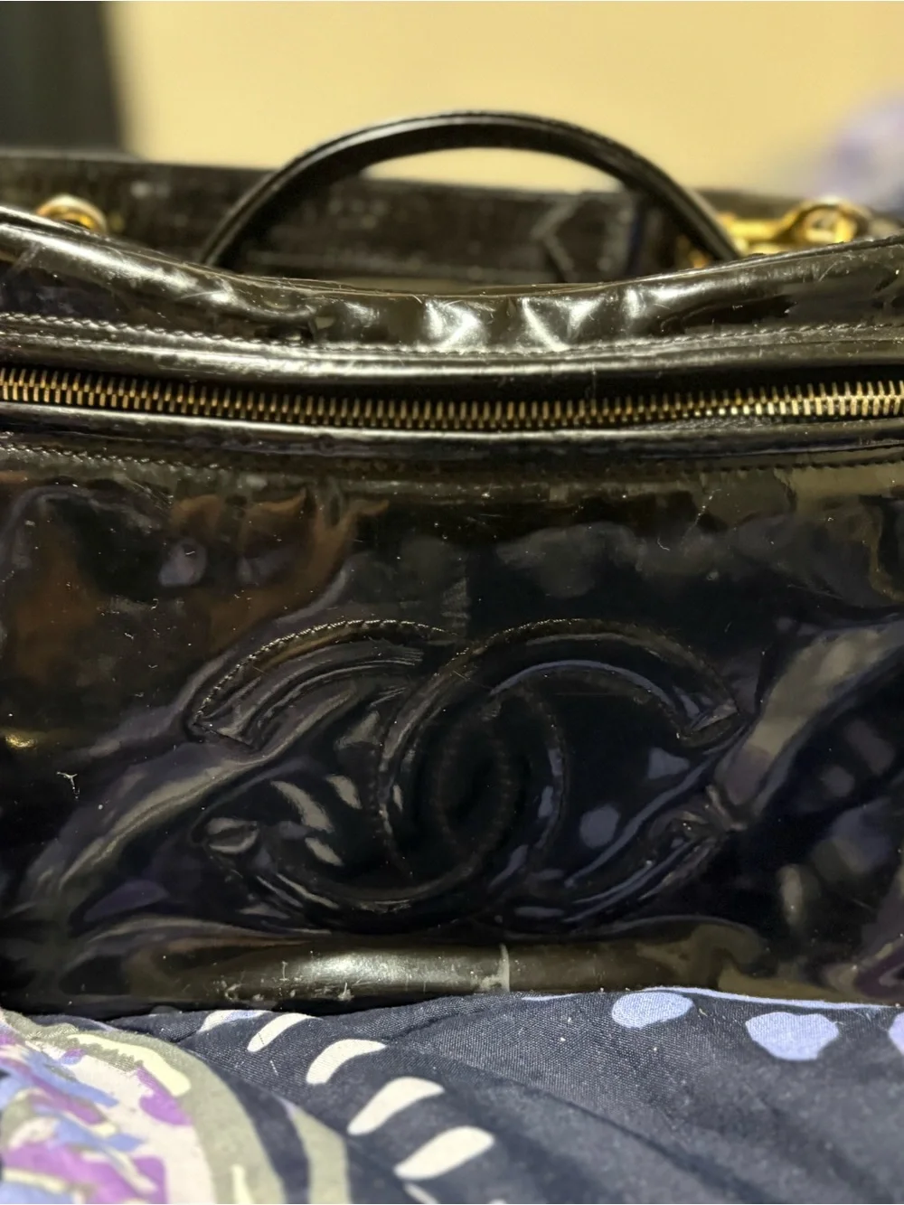 Authentic CHANEL Black Patent Leather Vanity Case with Interlocking CC